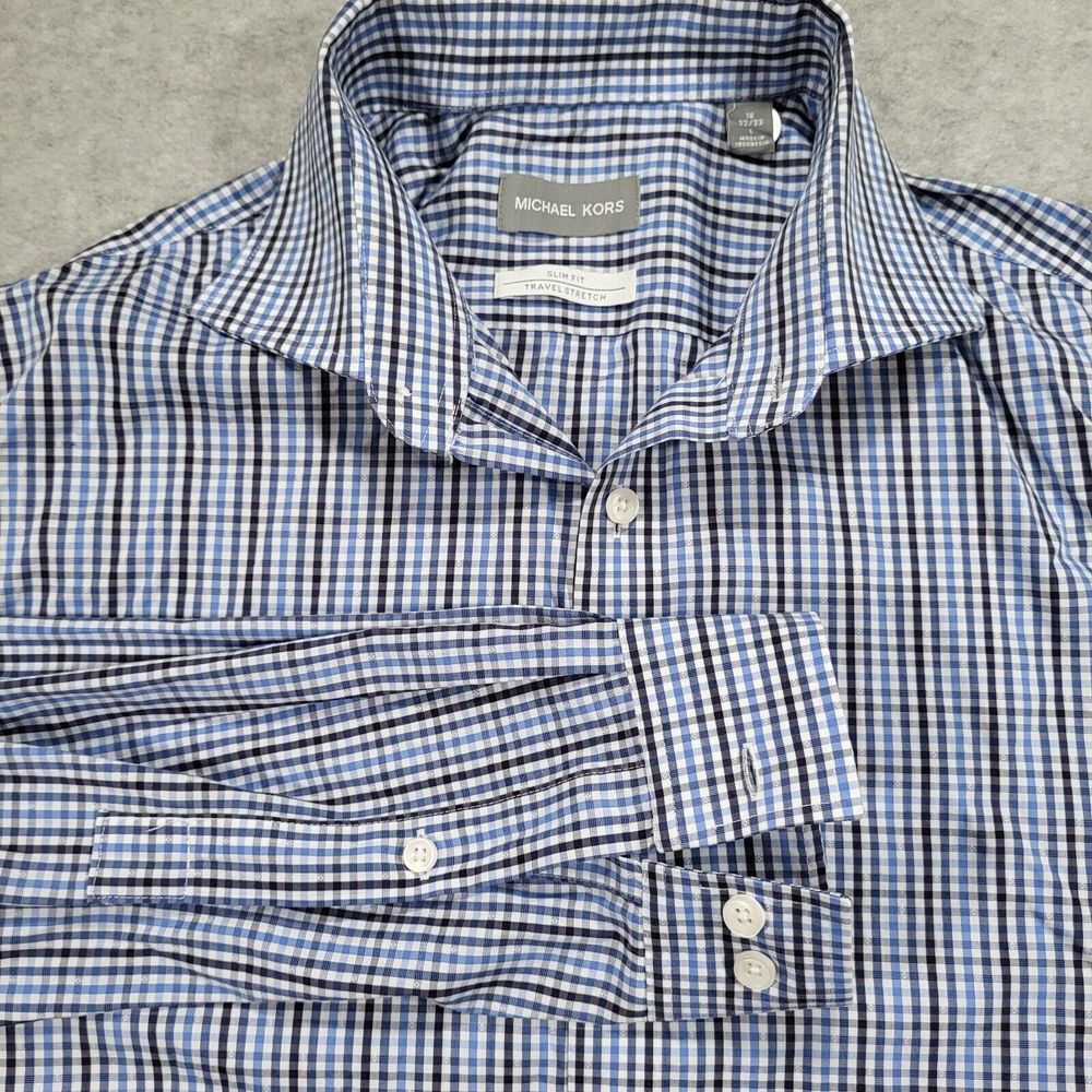 Michael Kors Men's Large 16 32/33 Blue Slim Fit Travel Stretch Long Sleeve Shirt